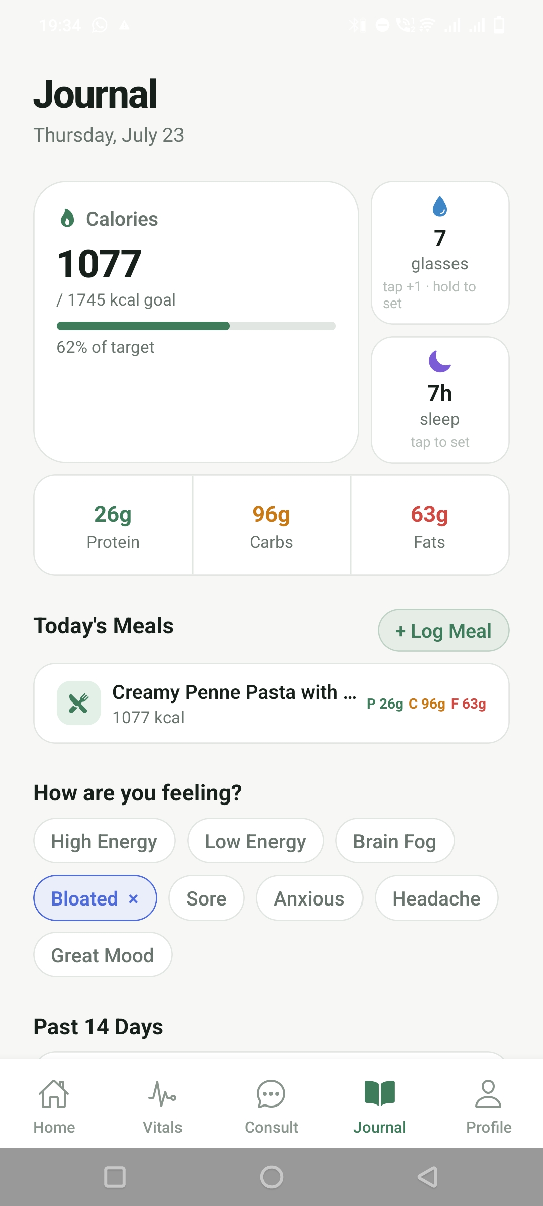 Journal screen later in the day with hydration and sleep filled in