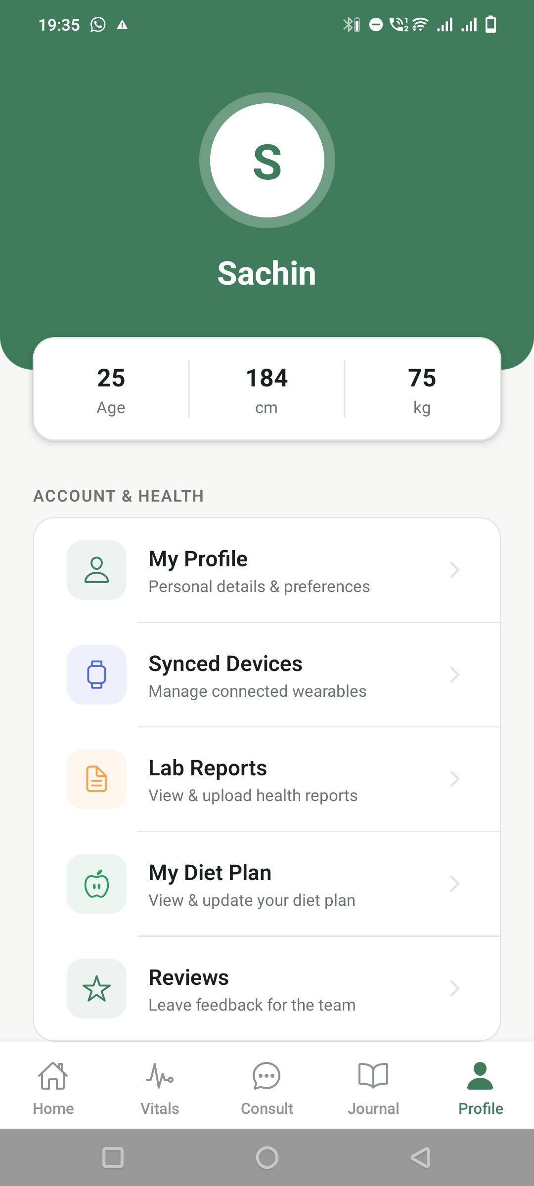 Profile hub with synced devices, lab reports and diet plan