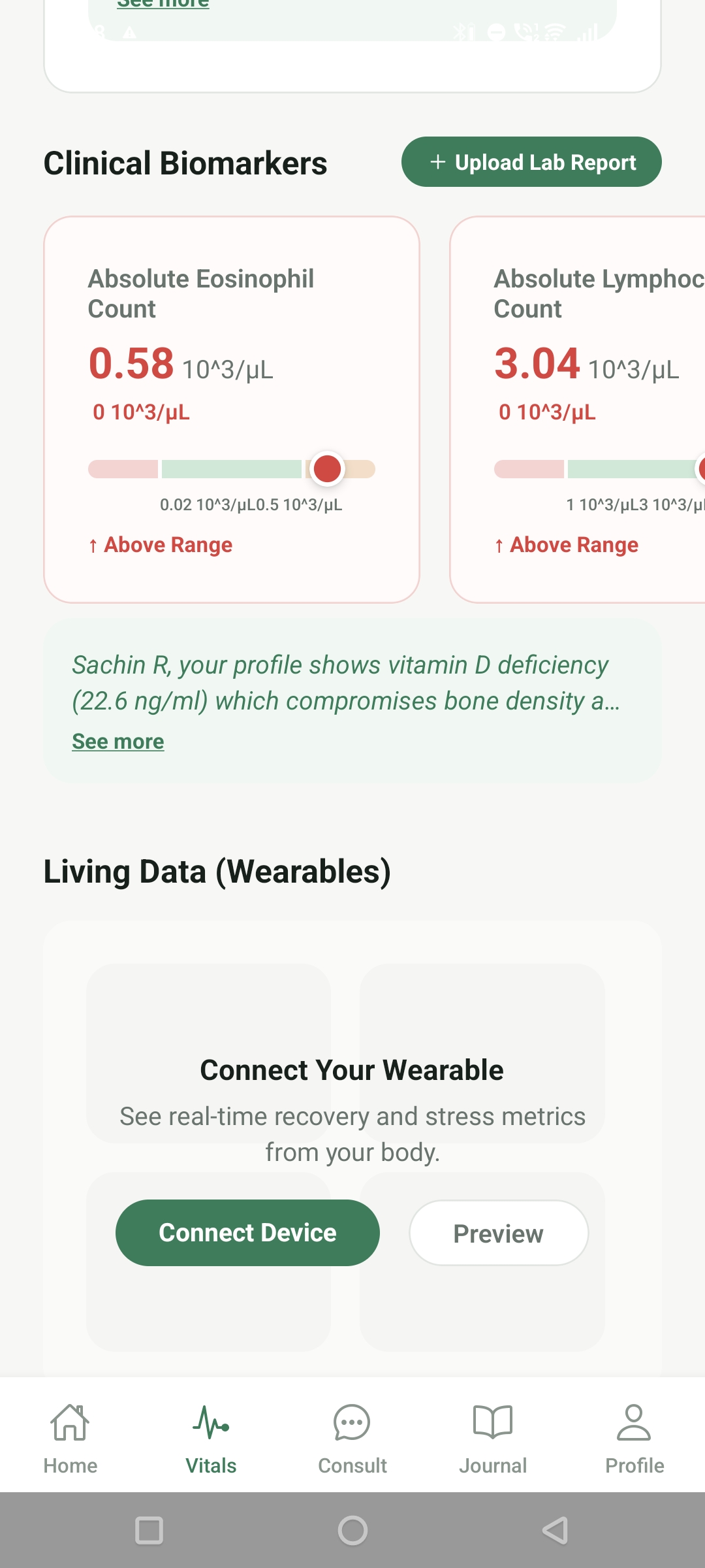 Clinical biomarkers screen with lab values flagged against healthy ranges and an AI explanation