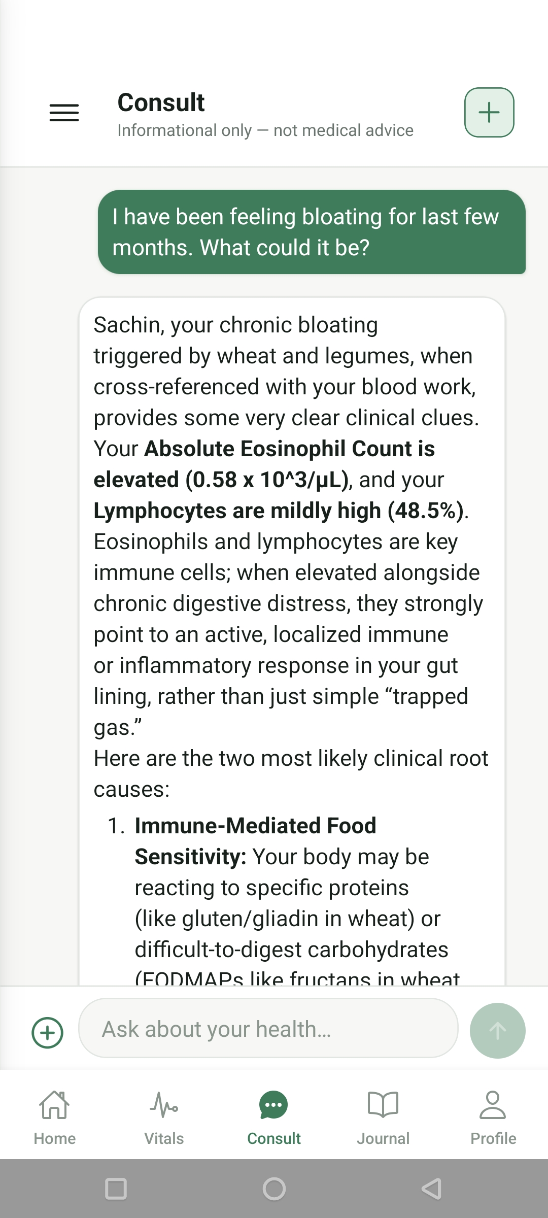 AI consult conversation where a question about bloating is answered using the user's own blood work