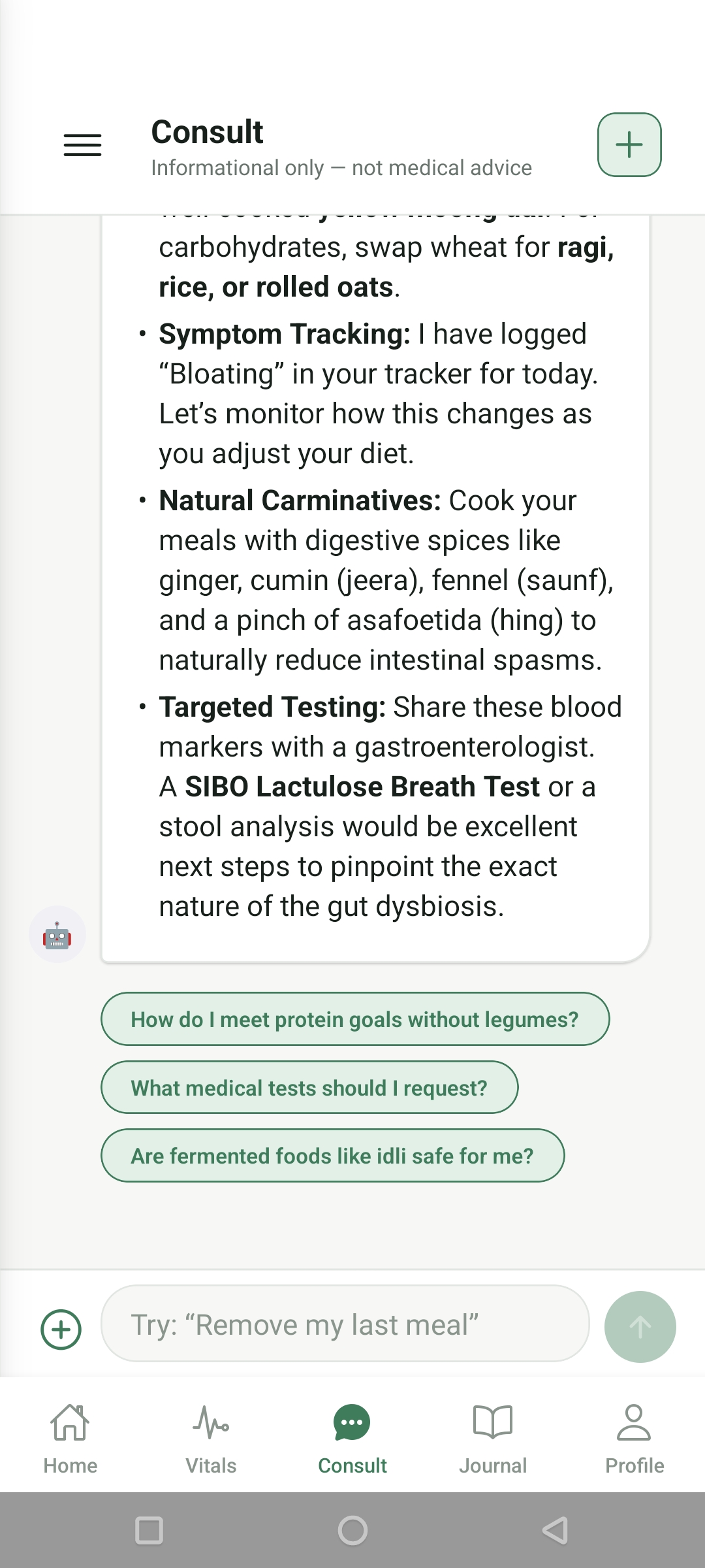 AI consult continuing with practical diet steps, symptom tracking and suggested medical tests