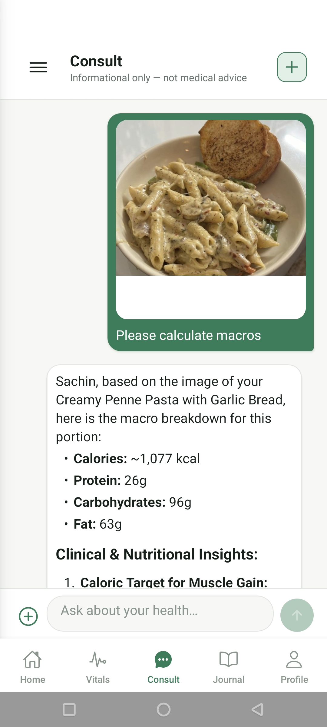 A meal photo shared in chat and analyzed with nutrition and clinical insights