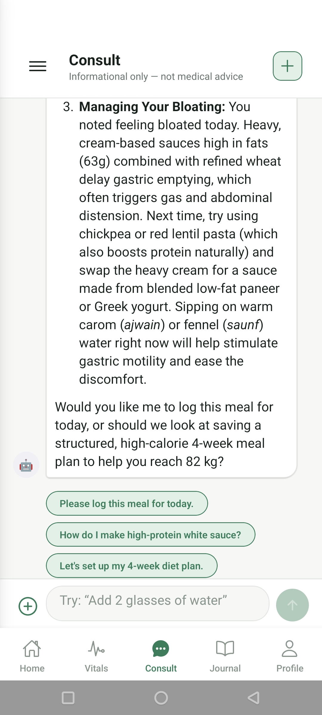 AI guidance connecting the day's meal to current symptoms with follow-up suggestions