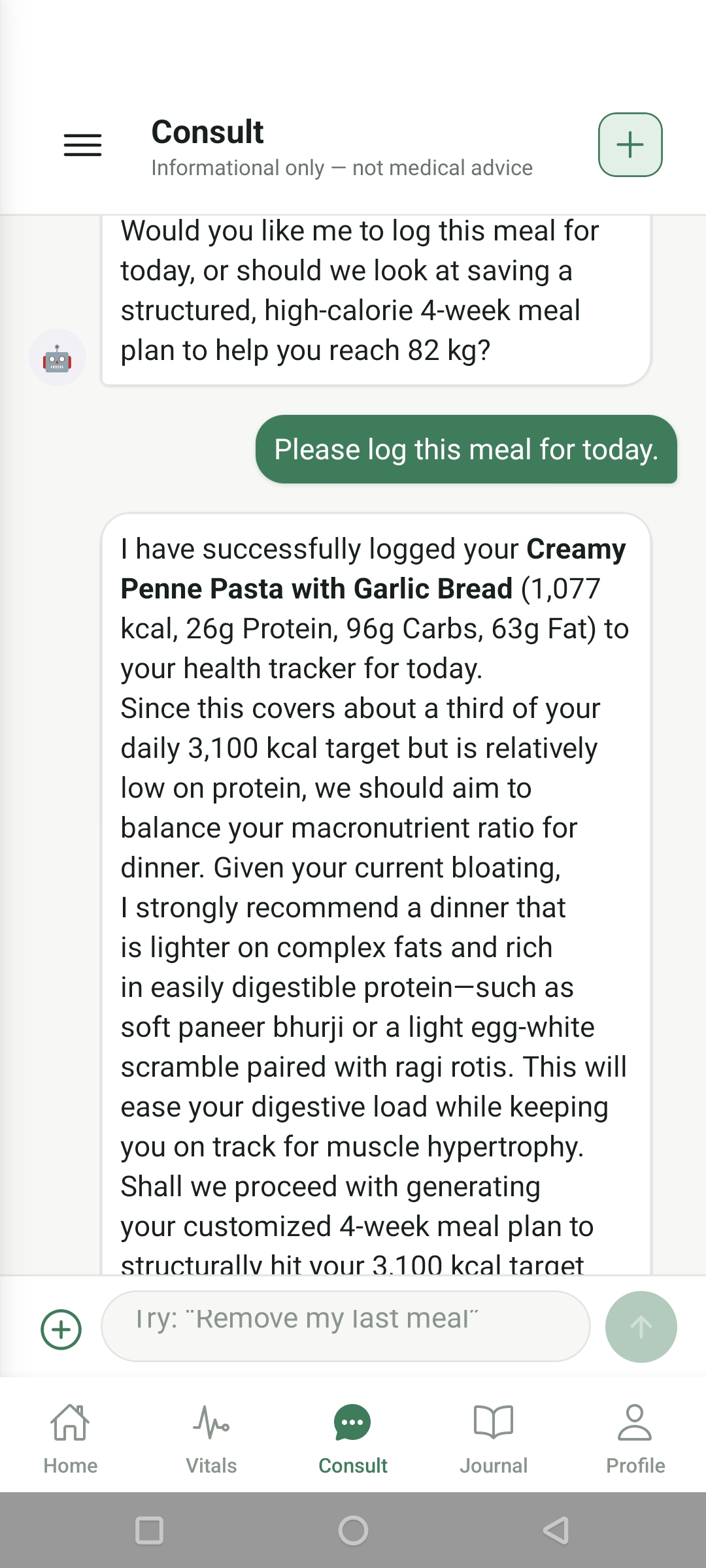 The companion logging a meal from the conversation and planning dinner around the day's context